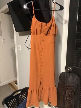 No Boundaries Orange Button-Front Spaghetti Strap Midi Dress